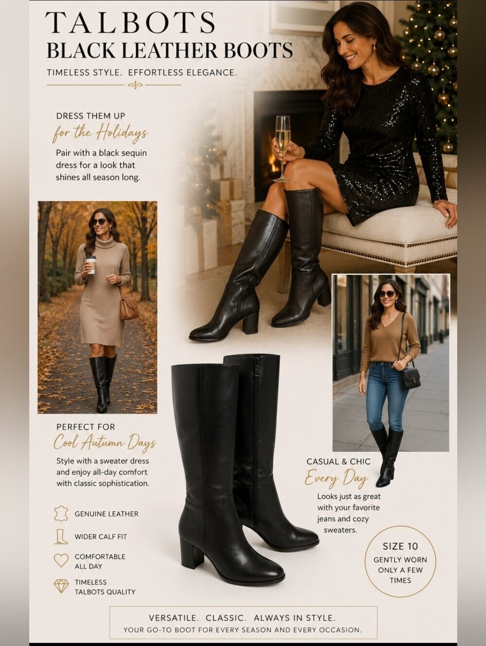 Talbots Black Leather Knee High Block Heel Boots